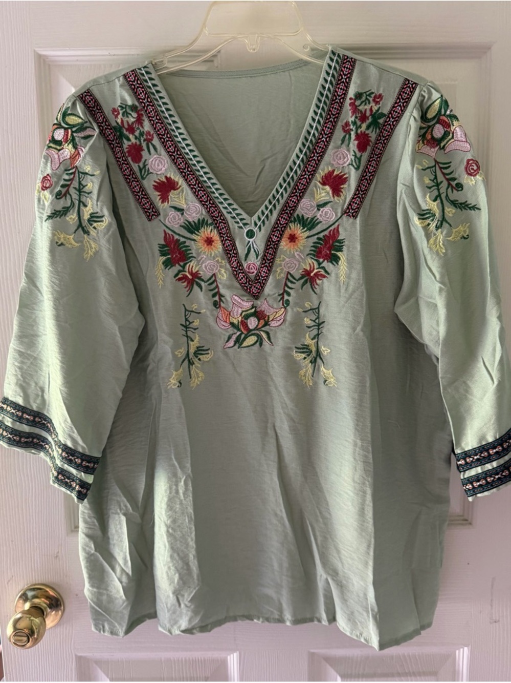 Embroidered V-Neck Women’s Top in Light Sage